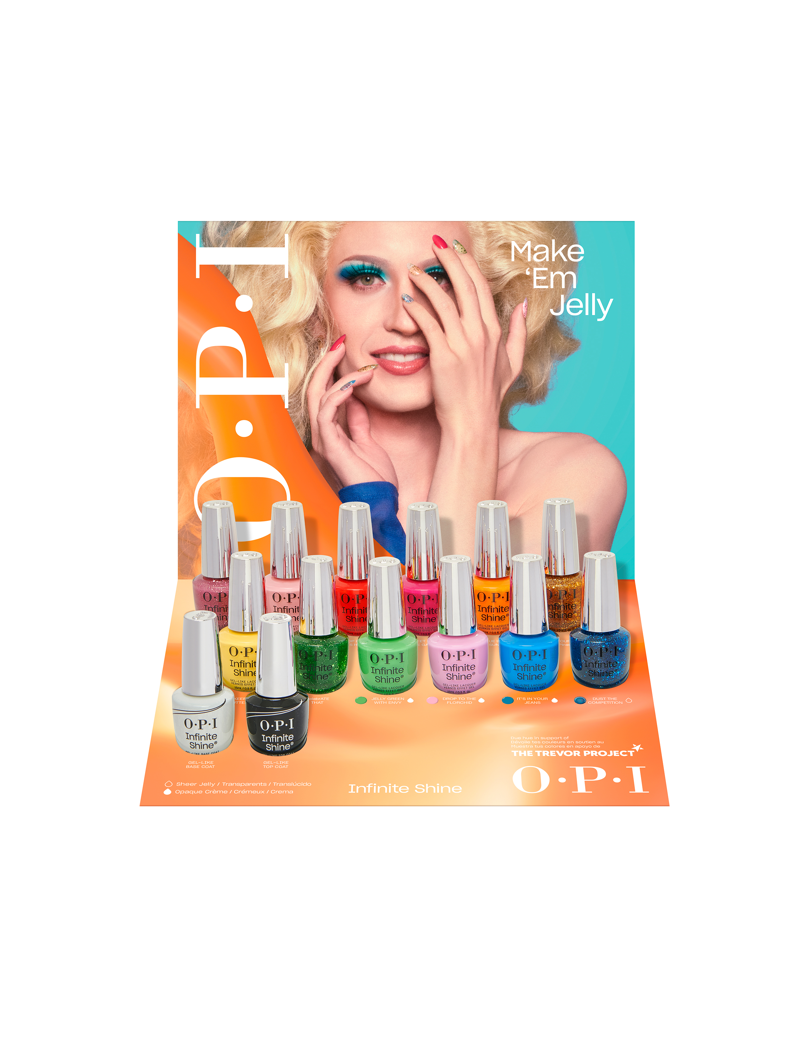 Merchandising display of the OPI Summer 2025 product collection with portrait of Jesse in drag featured behind the various nail products.